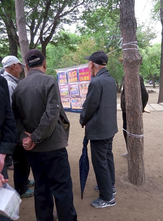 Prolaznici čitaju  plakate koje su praktikanti postavili u parku u gradu Shenyang u provinciji Liaoning. 