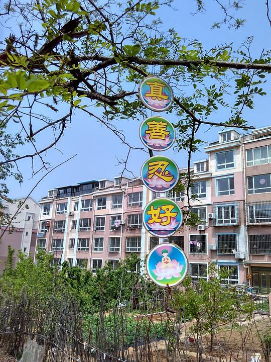 Na ovome transparentu postavljenom u gradu Dalian u provinciji Liaoning, piše: "Istinitost - Dobrodušnost – Tolerancija su dobri". 