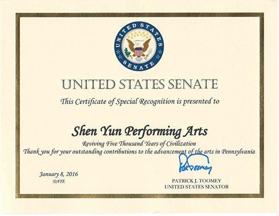 Certifikat koji je izdao američki senator Patrick Toomey 
