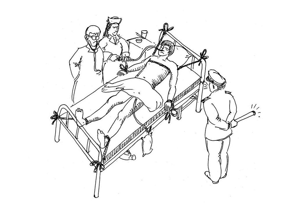 Ilustracija mučenja: Prisilno hranjenje zatvorenika vezanog za krevet
