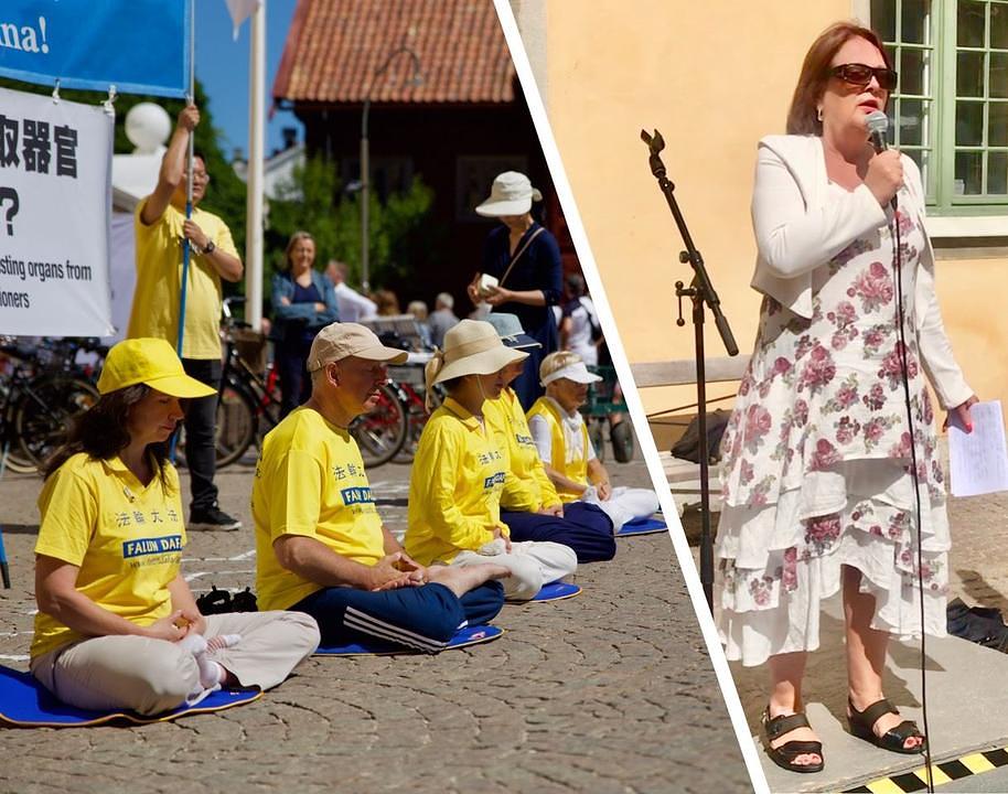 Lotta Johnsson Fornarve (desno), članica švedskog parlamenta, govori na Falun Gong skupu.