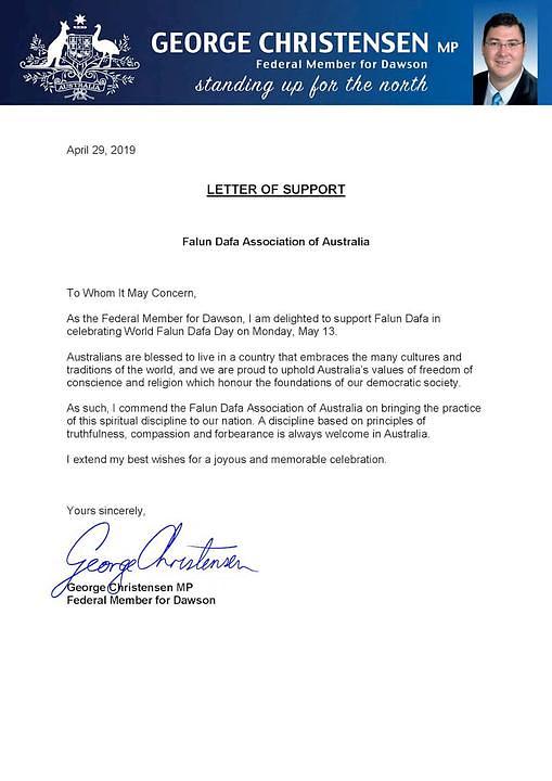 Pismo podrške od federalnog poslanika (MP) George Christensen iz Queenslanda