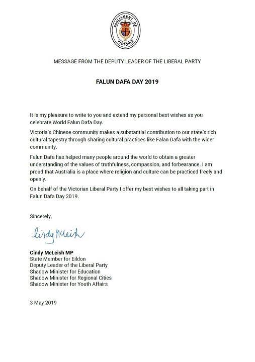 Pismo državne poslanice Cindy McLeish za Eildon, zamjenice lidera Liberalne stranke