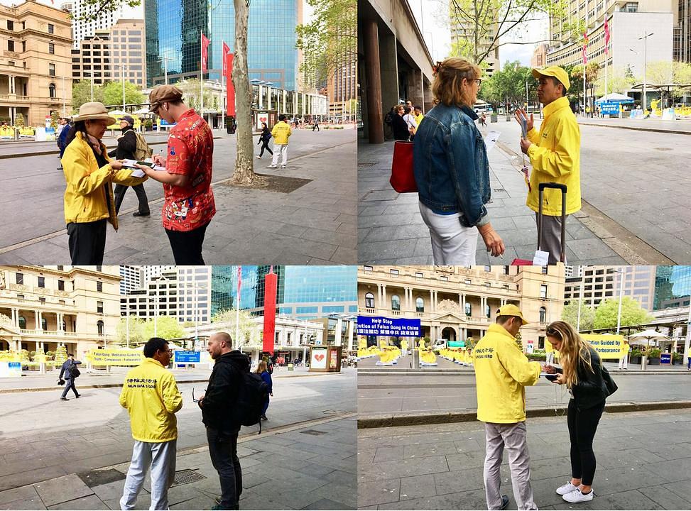 Prolaznici razgovaraju sa praktikantima želeći saznati više o Falun Gongu i da bi potpisali peticiju protiv progona.