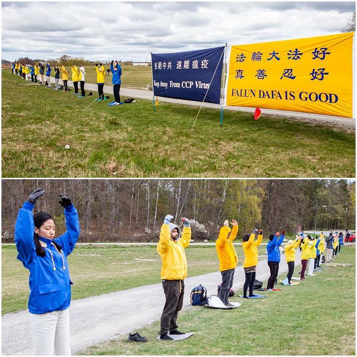 Praktikanti demonstriraju Falun Gong vježbe ispred kineske ambasade u Stockholmu. 