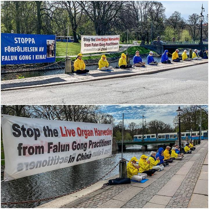 Praktikanti demonstriraju izvođenje Falun Gong vježbi ispred kineske ambasade u Gothenburgu 