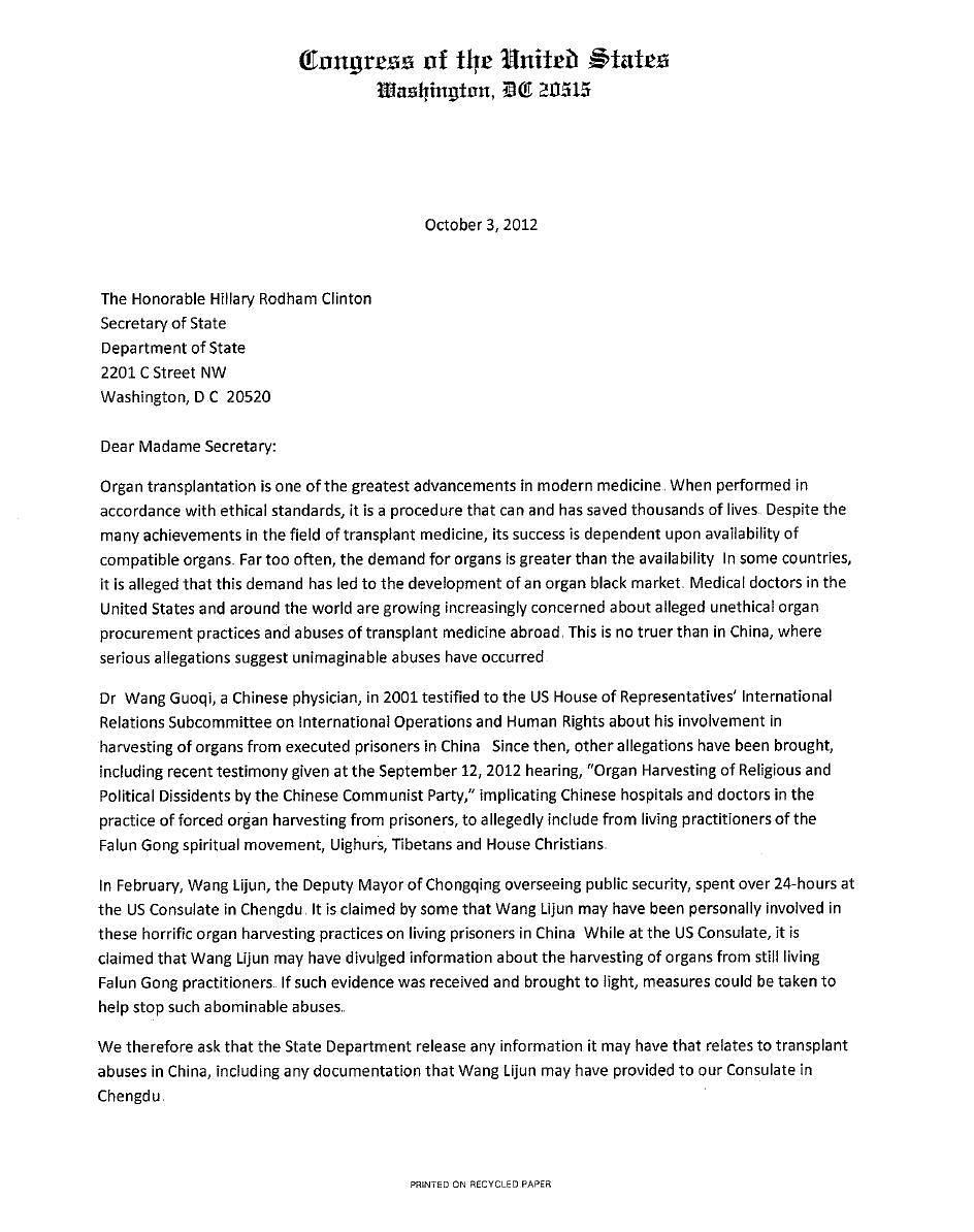 Otvoreno pismo državnoj tajnici koje je potpisalo 106 predstavnika pozivajući State Department da objave informacije o žetvi organa