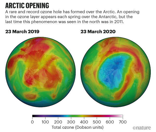 Ozonska rupa nad Arktikom u ožujku 2020. (izvor slike: NASA Ozone Watch)