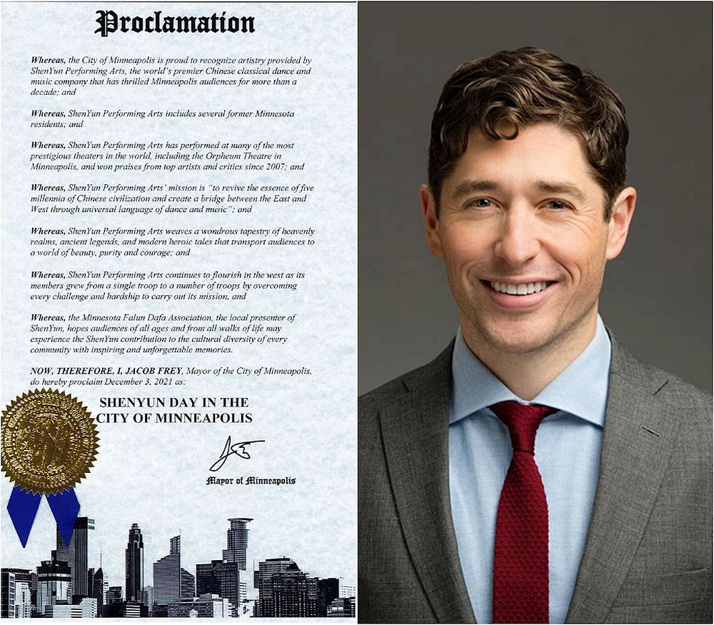 Jacob Frey, gradonačelnik grada Minneapolisa, je izdao proglas, proglašavajući 3. decembar 2021. godine „Danom Shen Yuna u gradu Minneapolisu“. (Minghui.org)