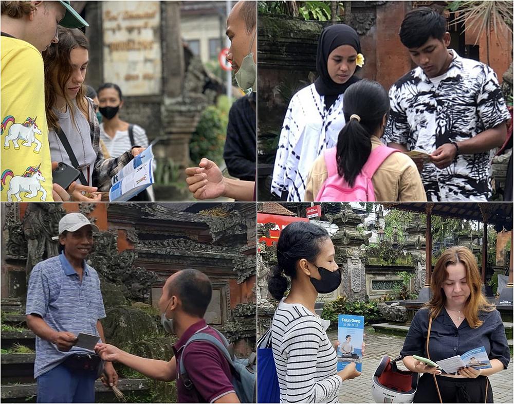  Na gornjoj lijevoj fotografiji turisti iz Rusije i Ukrajine s praktikantom koji im predstavlja Falun Dafa. Pitali su gdje mogu naučiti vježbe.