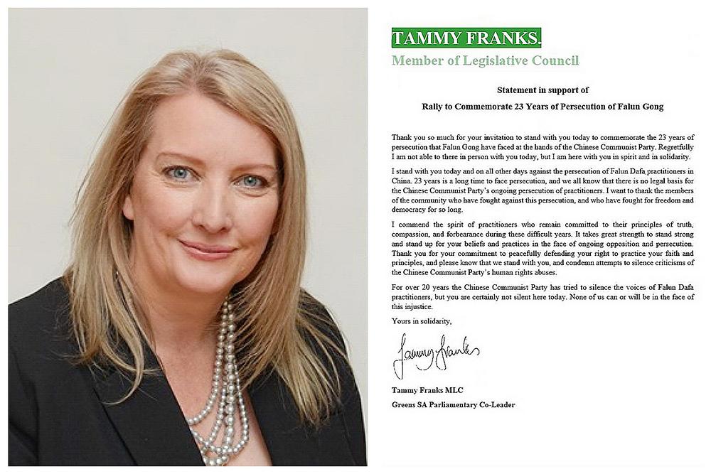  Tami Franks, vođa poslaničke grupe Zelenih SA u Parlamentu, i pismo koje je poslala da se obeleže 23 godine razotkrivanja progona praktikanata.