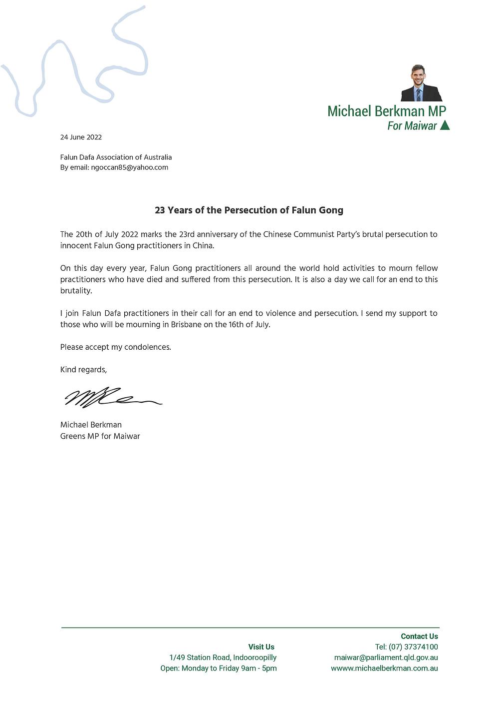  Majkl Berkman, poslanik Zelenih za Maivar u Kvinslendu i njegovo pismo podrške