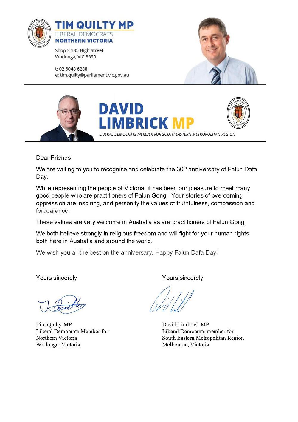 Čestitka koju su zajednički napisali članovi Australskog parlamenta Tim Quilty i David Limbrick.
 