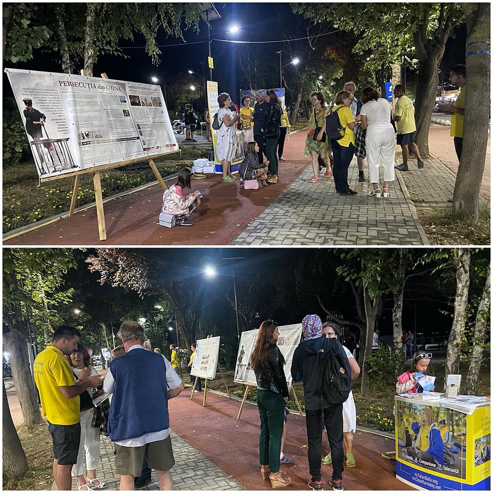 Čak i kada je pala noć, ljudi su nastavili da navraćaju na praktikantski Dafa štand da se interesuju za progon Falun Dafa u Kini.