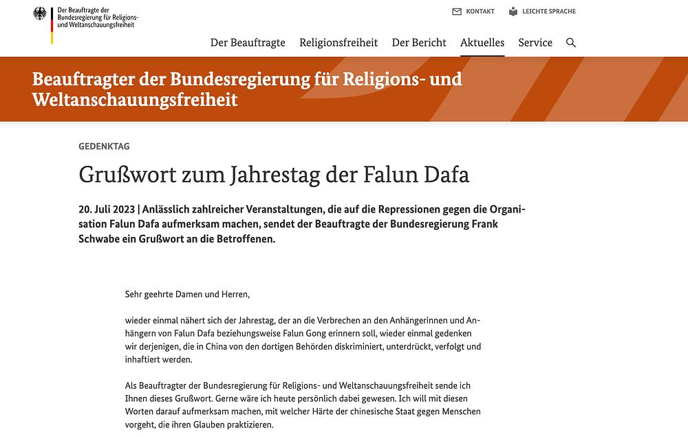  Snimka pisma povjerenika savezne vlade Franka Schwabe-a na web stranici Sloboda vjere i uvjerenja