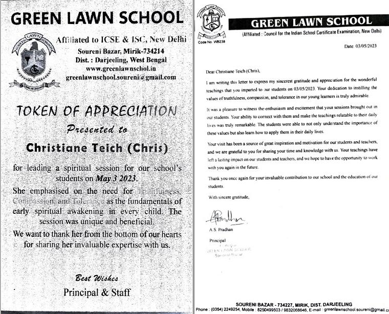 Pismo i zahvalnica škole Green Lawn u Miriku.