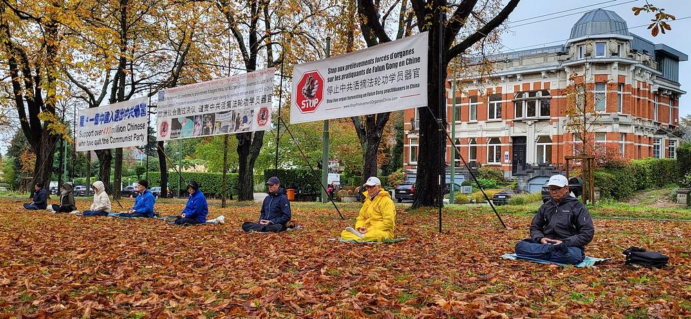  Falun Dafa praktikanti mirno protestuju zbog progona koji vrši KPK ispred kineske ambasade u Belgiji.