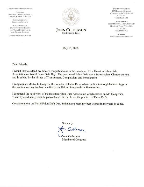 Pismo čestitka kongresmena Johna Culbersona