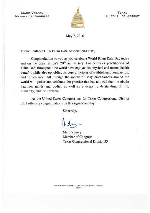 Pismo čestitka kongresmena Marca Veslya