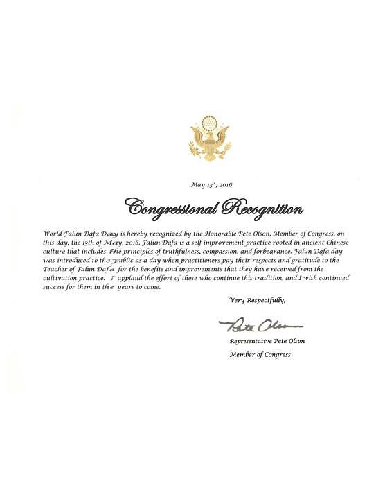 Kongresno priznanje izdano od strane kongresmena Petera Olsona