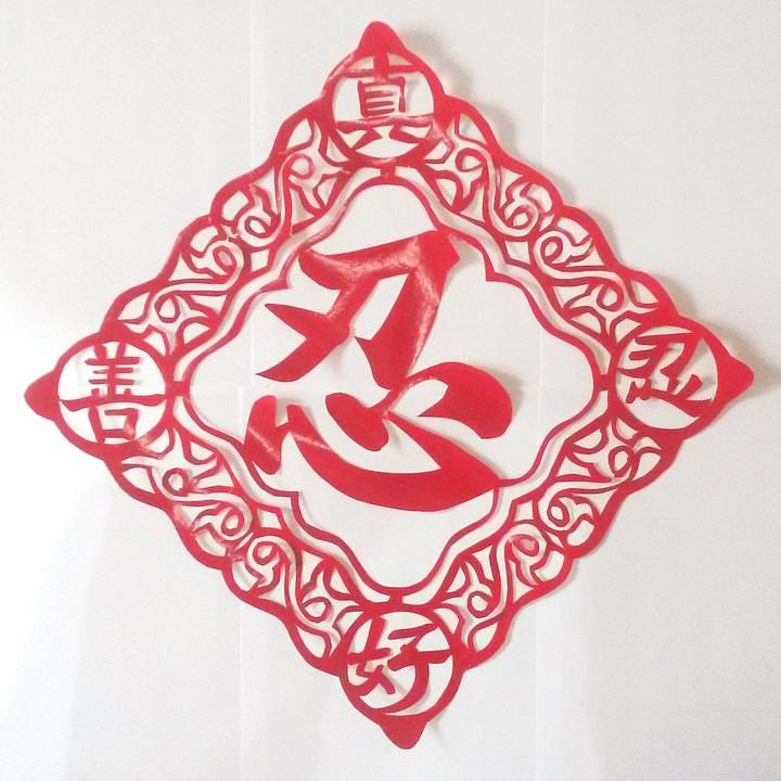 “Tolerancija” u sredini, četiri znaka znaka u četiri kuta su “Istinitost-Dobrodušnost-Tolerancija su dobri”