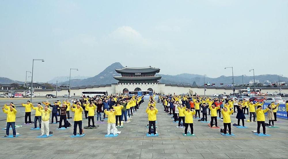 Praktikanti ispred Gwanghwamun Gate Plaza zajednički izvode vježbe