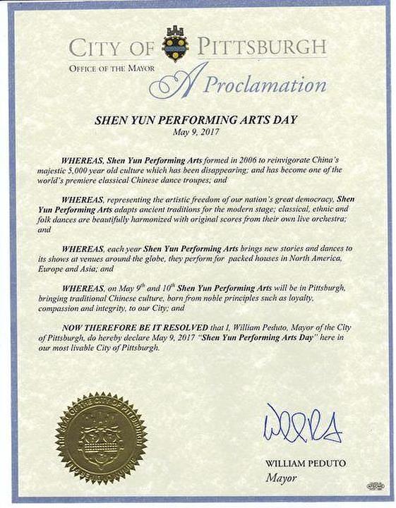 Gradonačelnik Pittsburga William Peduto je svojom objavom proglasio 9. maj za "Dan Shen Yun Performing Arts".