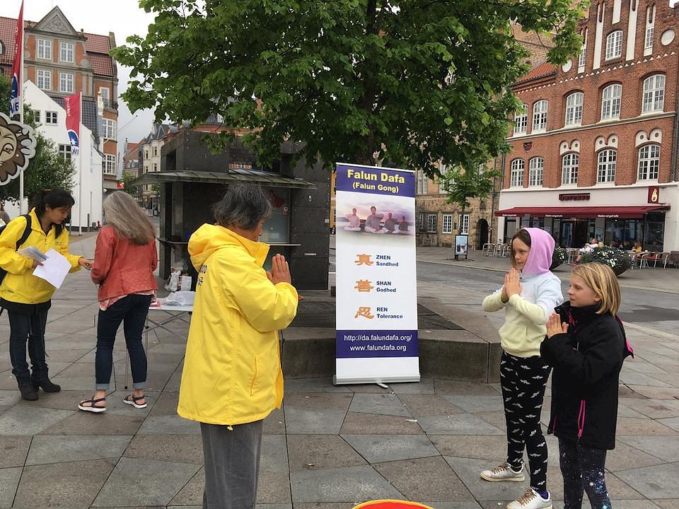Stanovnica Aalborga potpisuje peticiju protiv progona, dok dvoje djece uče Falun Gong vježbe.