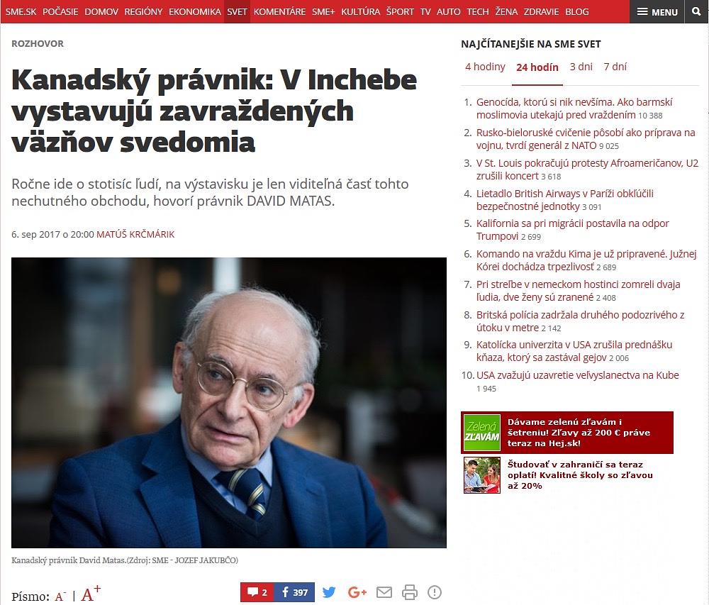 Članak u glavnim slovačkim online novinama 6. rujna 2017.: „Kanadski odvjetnik: Ubijeni zatvorenici savjesti izloženi u izložbenoj dvorani Incheba.“ 