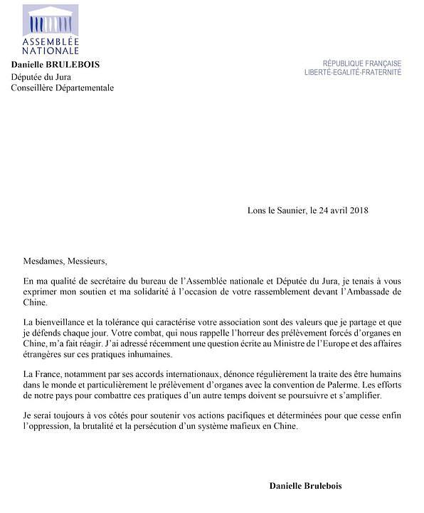 Pismo Danielle Brulebois, članice Francuske narodne skupštine, članice partije La République En Marche (Republika u pokretu).  