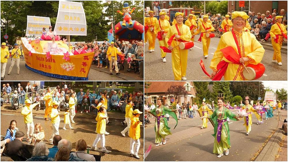 Falun Gong splav, nastup dobošara, demonstracija  Falun Gong vježbi i tradicionalni kineski ples na paradi cvijeća u Leersumu 