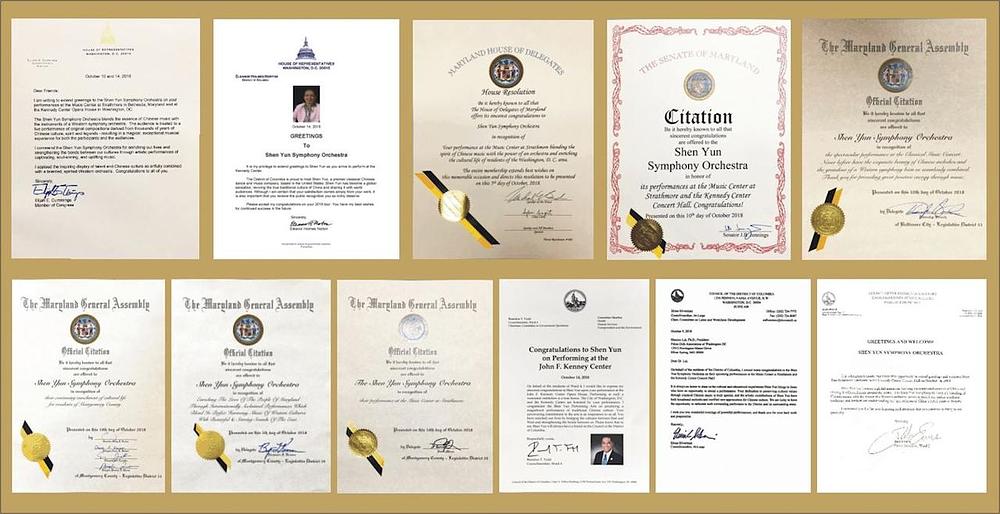 Prije njihovog nastupa u metropolitanskom području Vašingtona, Simfonijski orkestar Shen Yun je primio pohvale, čestitke i pisma dobrodošlice izabranih zvaničnika iz Marylanda.