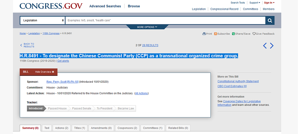 Prikaz zakona sa kongresne web stranice