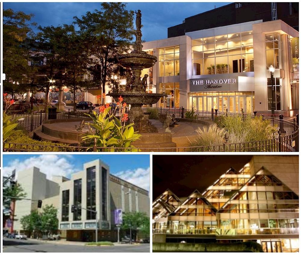 Shen Yun Performing Arts je izveo ukupno sedam predstava od 13. do 17. oktobra 2021. u pozorištu Hanover u Vusteru, Masačusets (gore); pozorištu Alberta Bair u Bilingsu, Montana (dole levo); i Hult centrz u Judžinu, Oregon (dole desno).