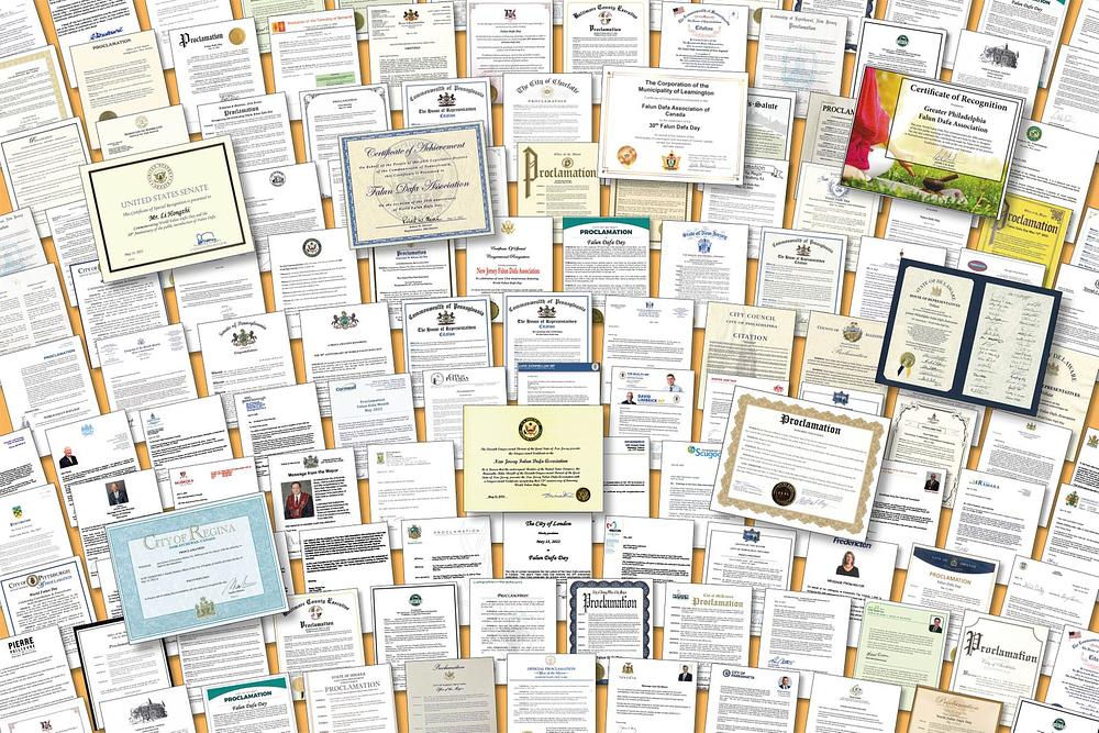 Preko 1.000 proglasa, navoda i čestitki upućeno od strane izabranih zvaničnika iz SAD, Kanade, Ujedinjenog Kraljevstva, Njemačke, Švedske, Švicarske, Irske, Australije, Japana i Tajvana Falun Dafa i njegovog osnivača g. Li Hongzhija. Slika prikazuje neke od njih. (The Epoch Times)