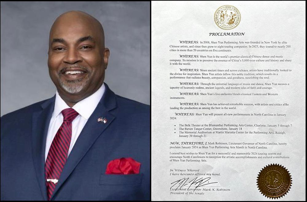 Dva mjeseca prije nastupa Shen Yuna u Sjevernoj Karolini u siječnju 2024., Mark Robinson, zamjenik guvernera Sjeverne Karoline i predsjednik Senata, izdao je Proglas proglašavajući „siječanj 2024. mjesecom Shen Yun Performing Arts u Sjevernoj Karolini.” (The Epoch Times)
