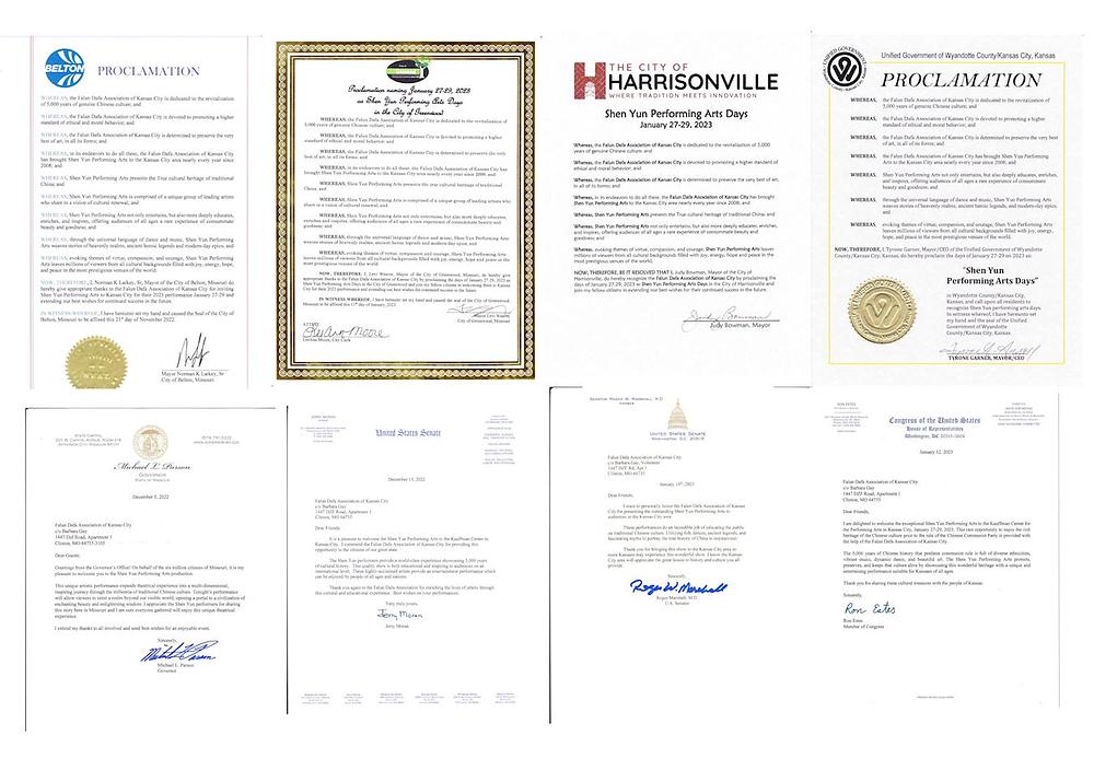 Proklamacije i pisma dobrodošlice od strane Normana K. Larkeya, gradonačelnika Beltona; Levi Weaver, gradonačelnik Greenwooda; Judy Bowman, gradonačelnica Harrisonvillea; Tyrone A. Garner, gradonačelnik Kansas Cityja; Mike Parson, guverner Missourija; američki senator Jerry Moran; američki senator Roger Marshall; i kongresmen Ron Estes. (Minghui.org)