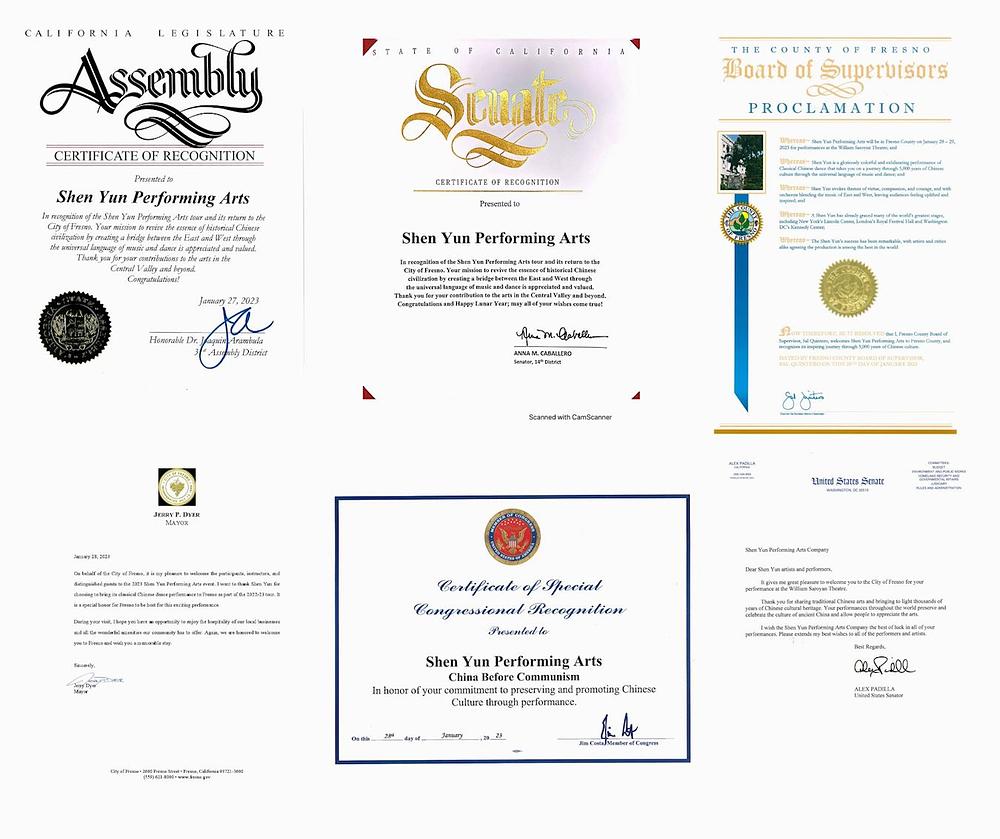 Priznanje i pisma dobrodošlice od: člana skupštine Californije Joaquina Arambule; Senator države Californije Anna Caballero; Sal Quintero, član i predsjednik Nadzornog odbora okruga Fresno; Jerry Dyer, gradonačelnik Fresna; kongresmen Jim Costa; i američki senator Alex Padilla. (Minghui.org)