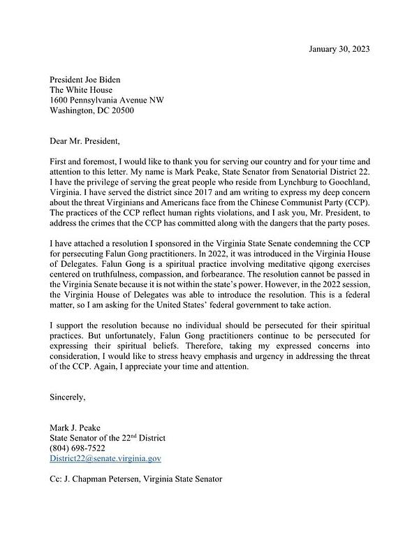 Pismo koje su napisali senatori države Virginia, Mark Peake i Chapman Petersen, upućeno predsjedniku Bidenu.