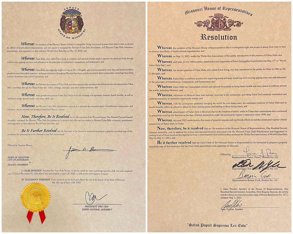 Rezolucija senatora iz Missourija Justina D. Browna (lijevo) i Rezolucija predstavnice Predstavničkog doma Missourija Tare J. Peters, uz susponzore Don Mayhew i Bennie Cook 